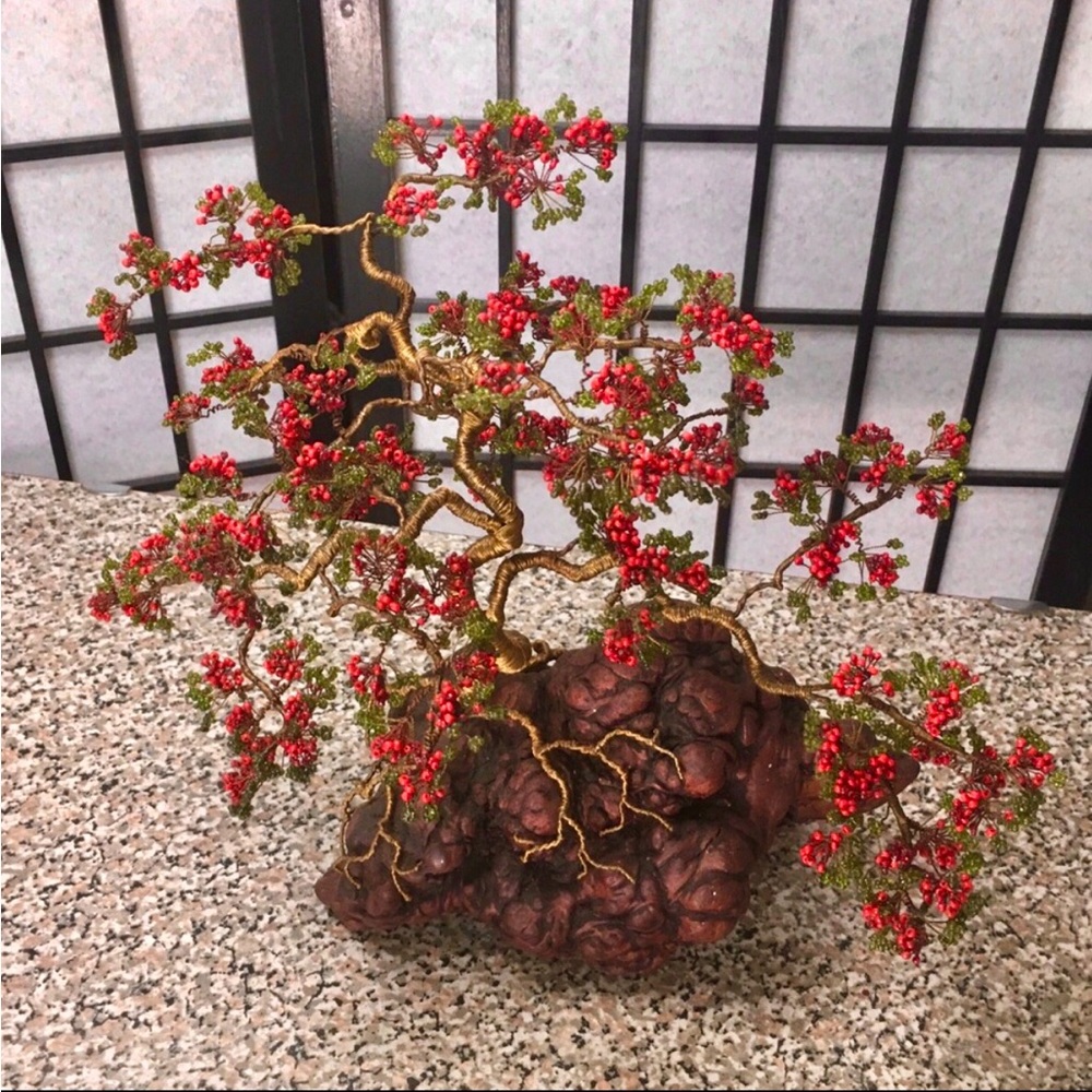 Handcrafted Red Berry Bonsai Art Sculpture - Unbranded